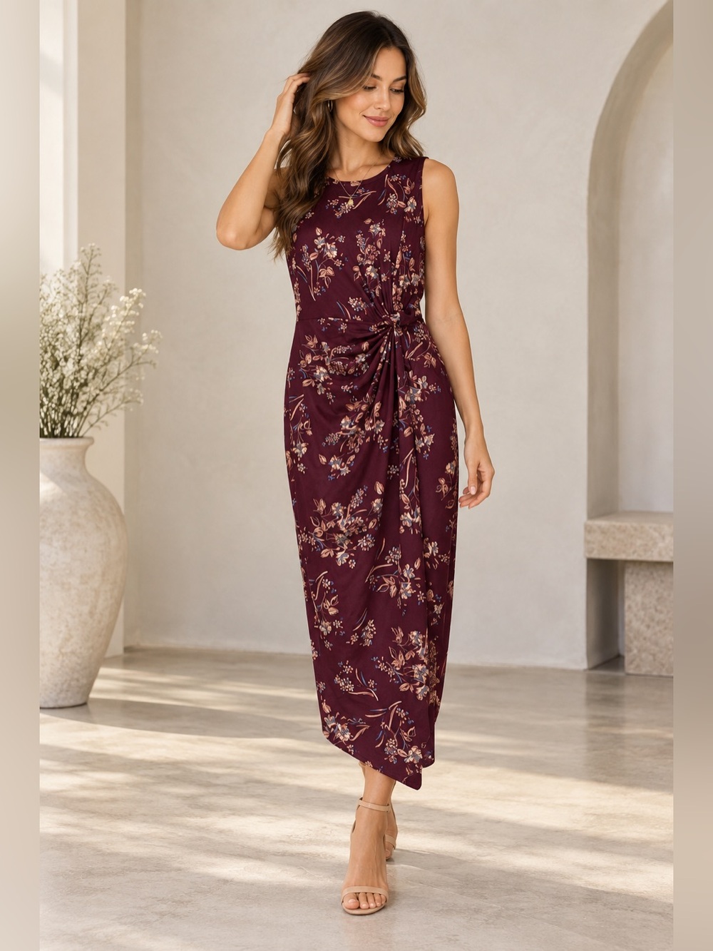Nine Britton Burgundy Floral Ruched Maxi Dress XL NWT